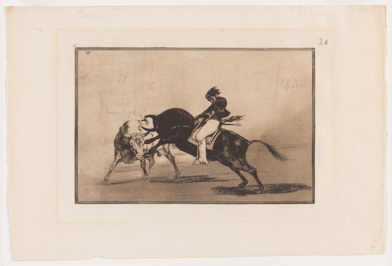 Planche 24 de La Tauromaquia: Le même Ceballos monté sur un autre taureau casse des lances courtes dans l