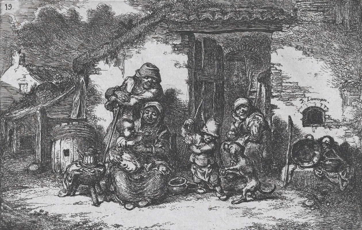 Planche 19 : une famille et un garçon jouant avec un chien devant une maison, de la série des coutumes, 1850 - Francisco Lameyer Berenguer