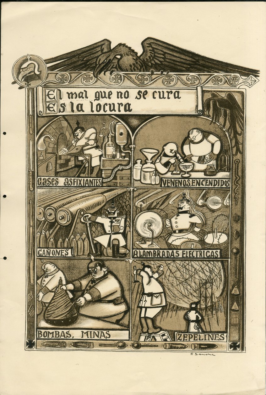 Illustration par Francisco Sancha Lengo - Feuille volante, vers 1915 - El mal que no se cura es la locura - Guerre de 14-18, Allemagne Prusse, Gaz asphyxiant, Langue espagnole, Presse étrangère - Francisco Sancha y Lengo