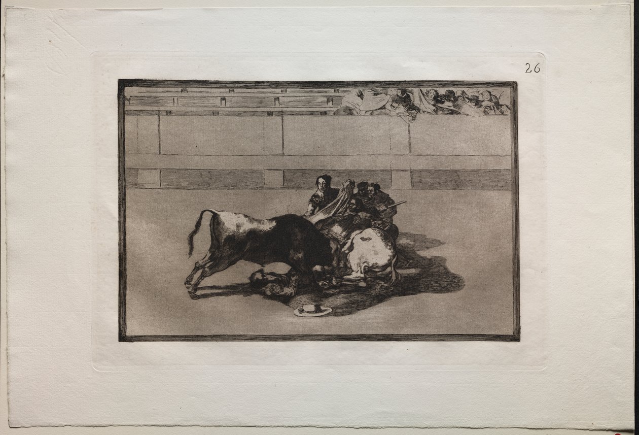 Corridas : Un picador est désarçonné et tombe sous le taureau - Francisco de Goya
