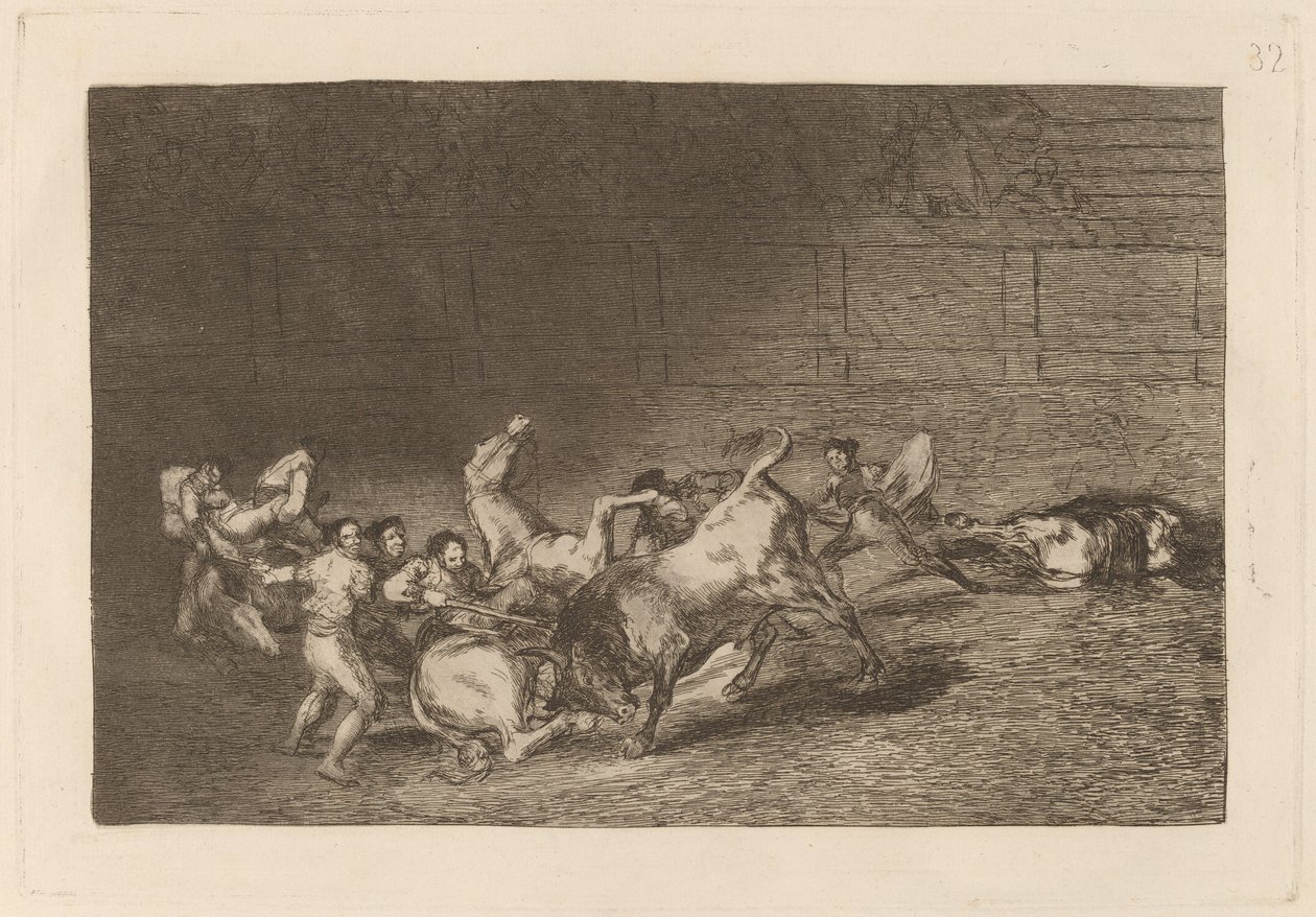 Dos grupos de picadores arrollados de seguida por un solo toro - Francisco de Goya