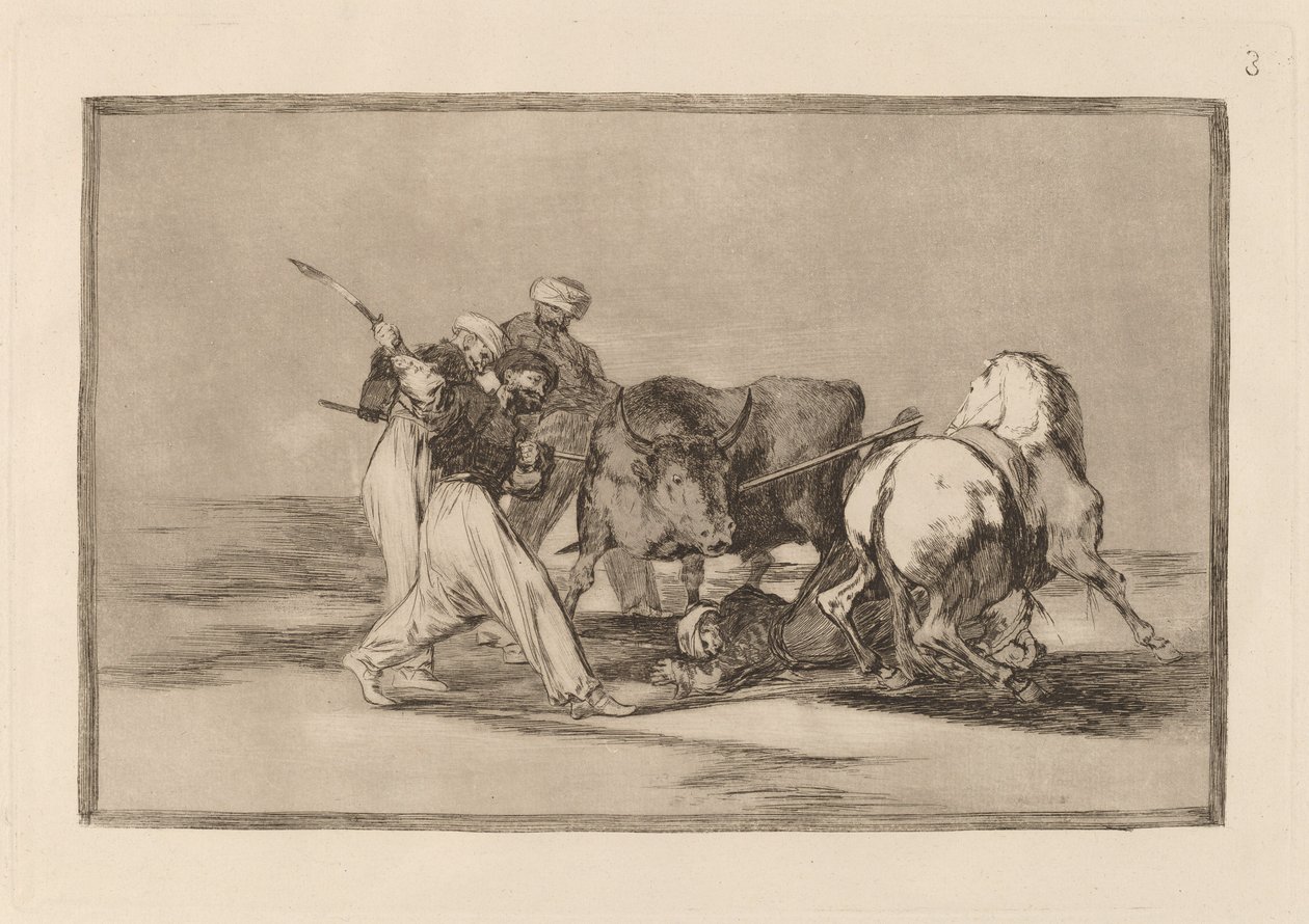 Les Maures établis en Espagne, abandonnant les superstitions de leur Coran, adoptèrent cet art de la chasse et lancèrent un taureau dans le champ - Francisco de Goya