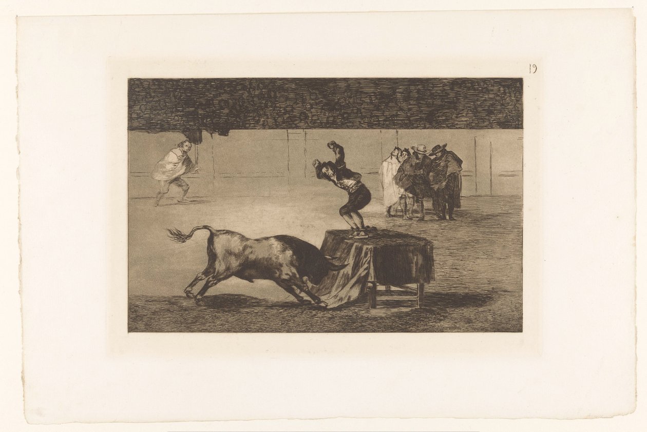 Stierenvechter staand op een tafel in de arena (série La Tauromaquia) - Francisco de Goya