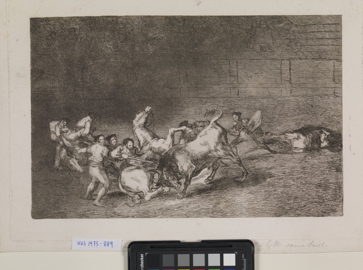 Deux picadors sont renversés un par un par un seul taureau - Francisco de Goya