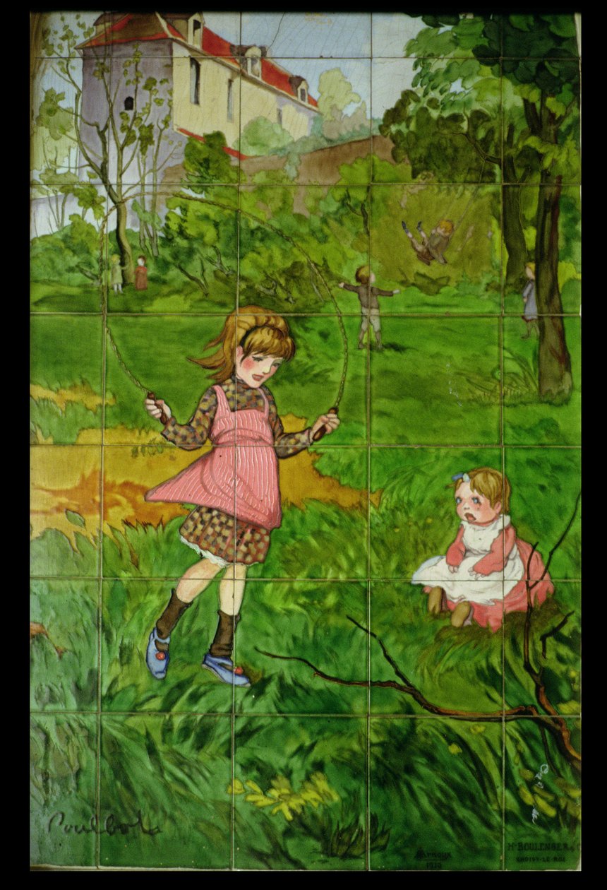 Carreaux décorés avec des enfants jouant dans un jardin - Francisque Poulbot