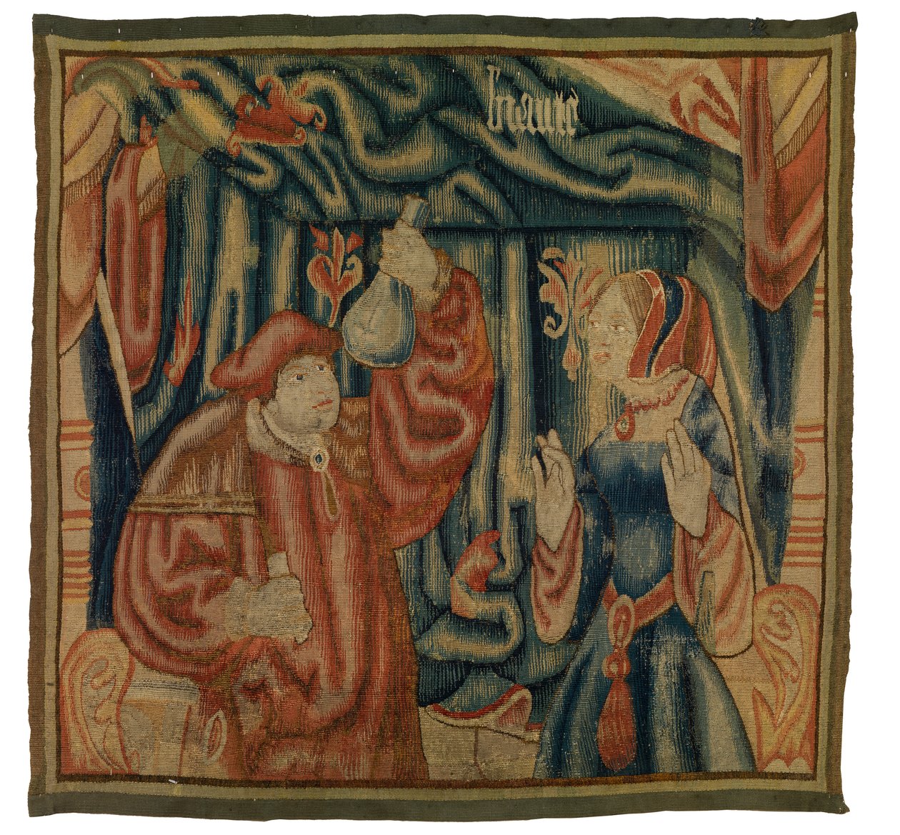 Fragment de tapisserie représentant un intérieur avec médecin et femme, Beauté, français ou flamand, fabriqué au début du XVIe siècle - Franco Flemish School