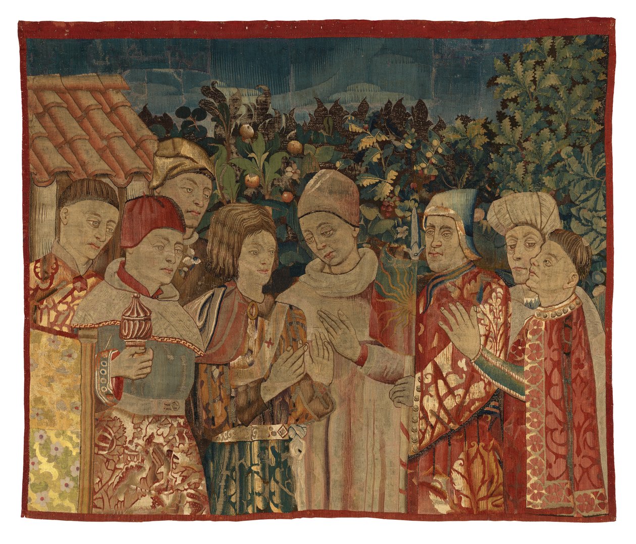 Fragment de tapisserie non identifié avec huit figures, Une Dispute peut-être, 2e moitié du 15e siècle - Franco Flemish School