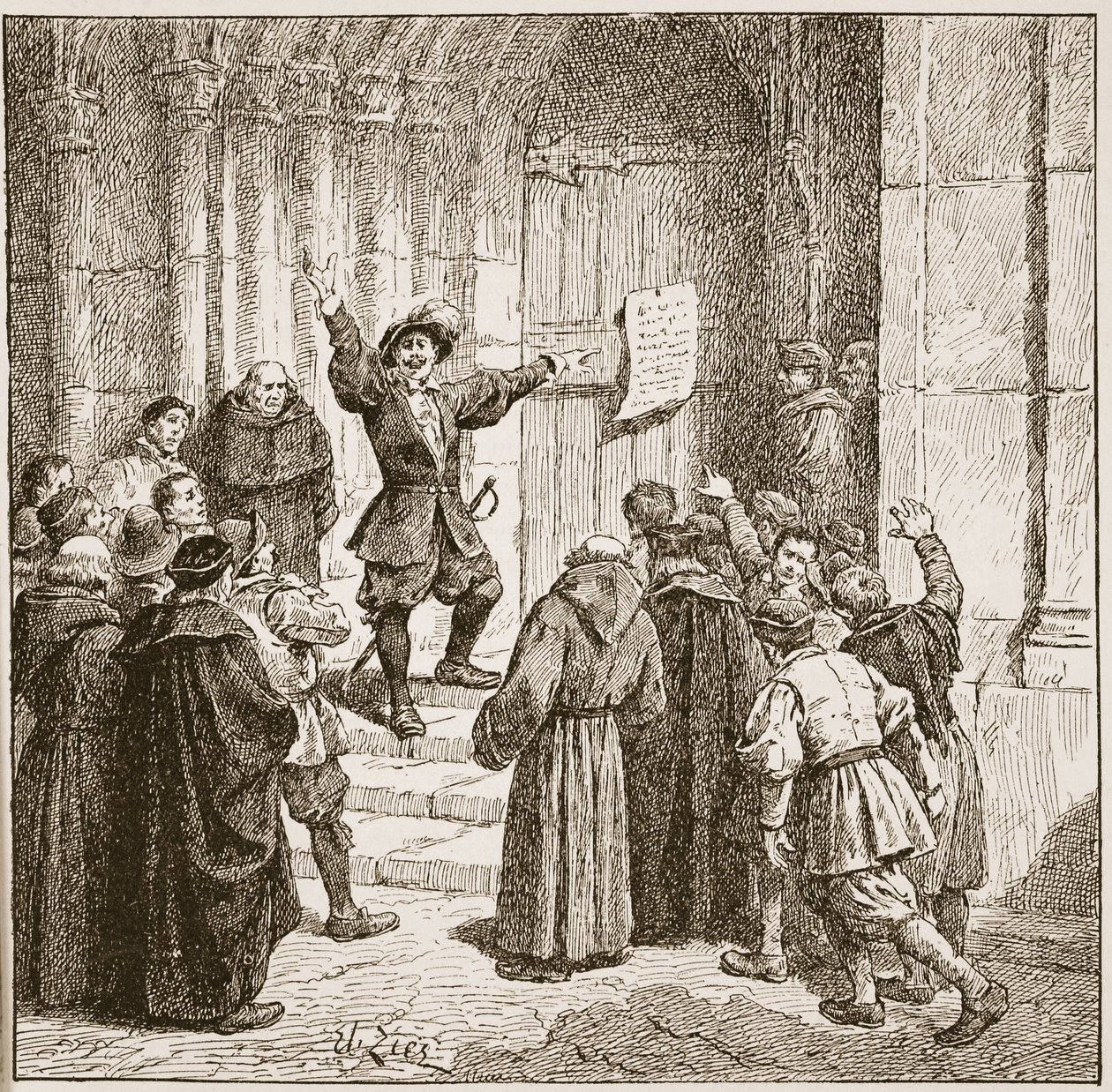 Aske apposant sa proclamation sur la porte de la cathédrale de York, illustration de 