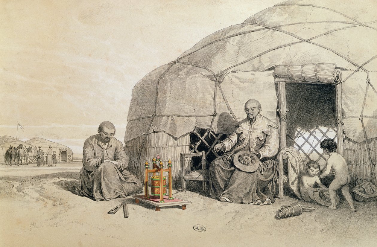Kalmouks avec une roue de prière, Sibérie, illustration de 