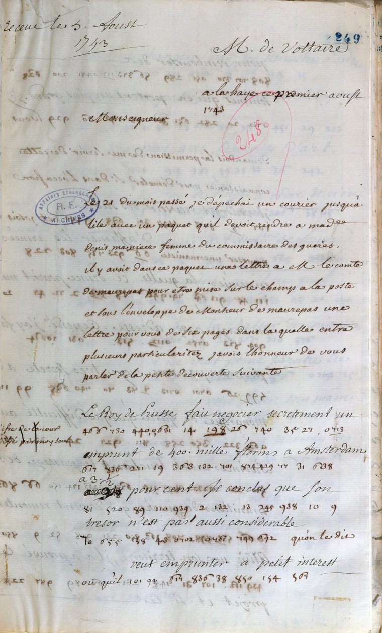 Lettre écrite par Voltaire lorsqu