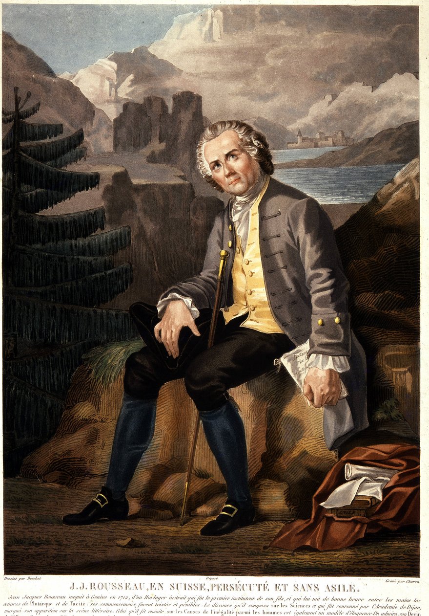 Jean-Jacques Rousseau en Suisse, persécuté et sans asile. Aquatinte par Charon d