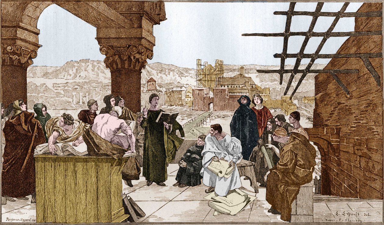 Pierre Abélard ou Abailard (1079-1142), philosophe et théologien français et son école sur la montagne Sainte-Geneviève. D