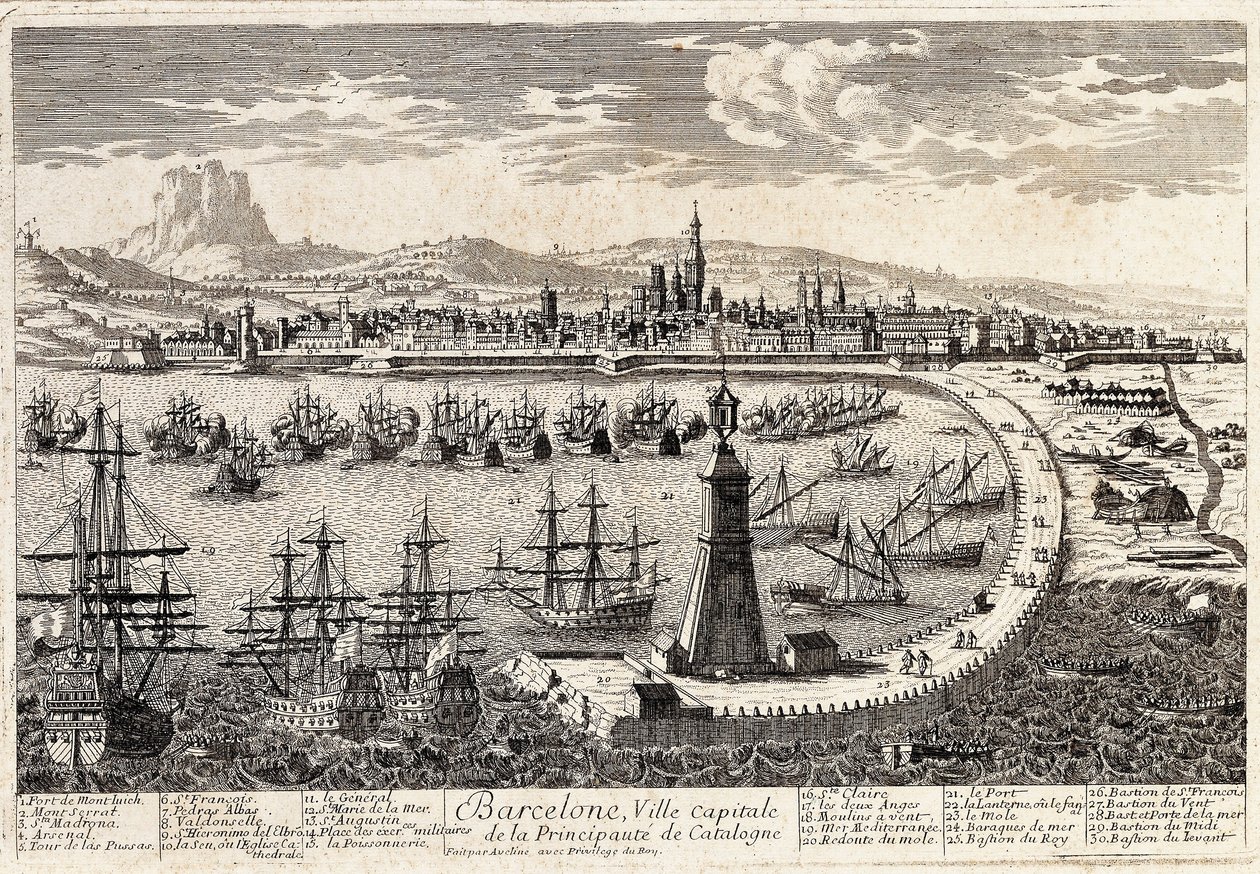 Vue de la ville et du port de Barcelone au 18ème siècle. Gravure de François Antoine Aveline. Barcelone, Museu d