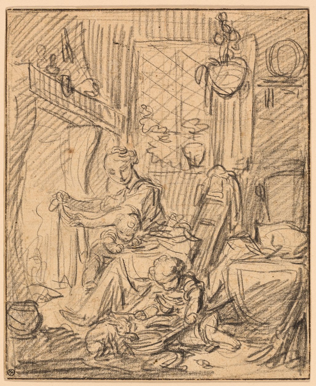 Scène domestique : Mère avec deux petits enfants devant une cheminée - François Boucher