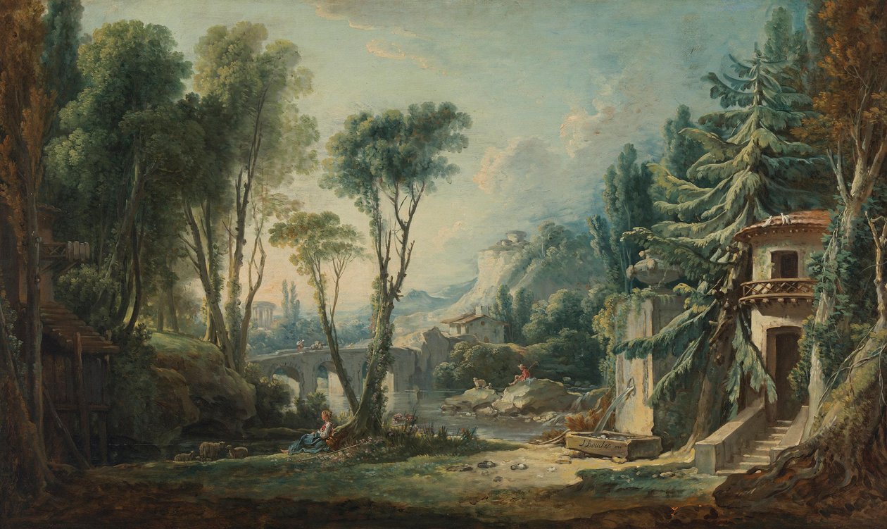Paysage de bergers avec une rivière - François Boucher