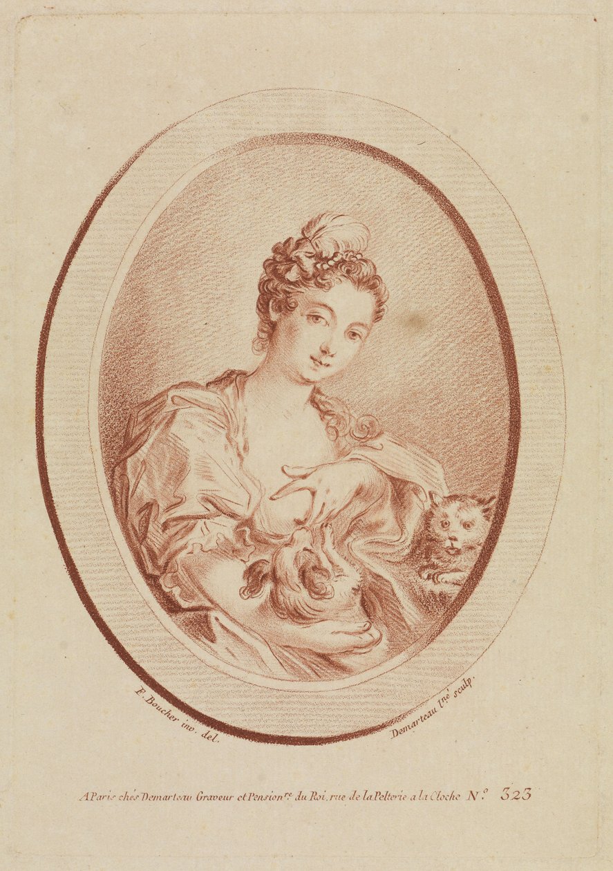 Jeune femme avec un petit chien et un chaton - François Boucher