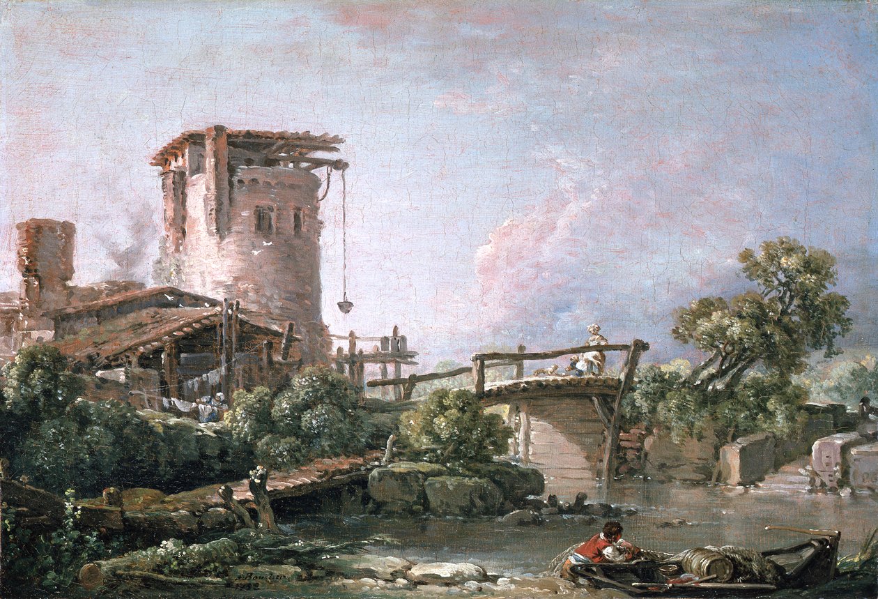 Paysage avec une tour et un pont - François Boucher