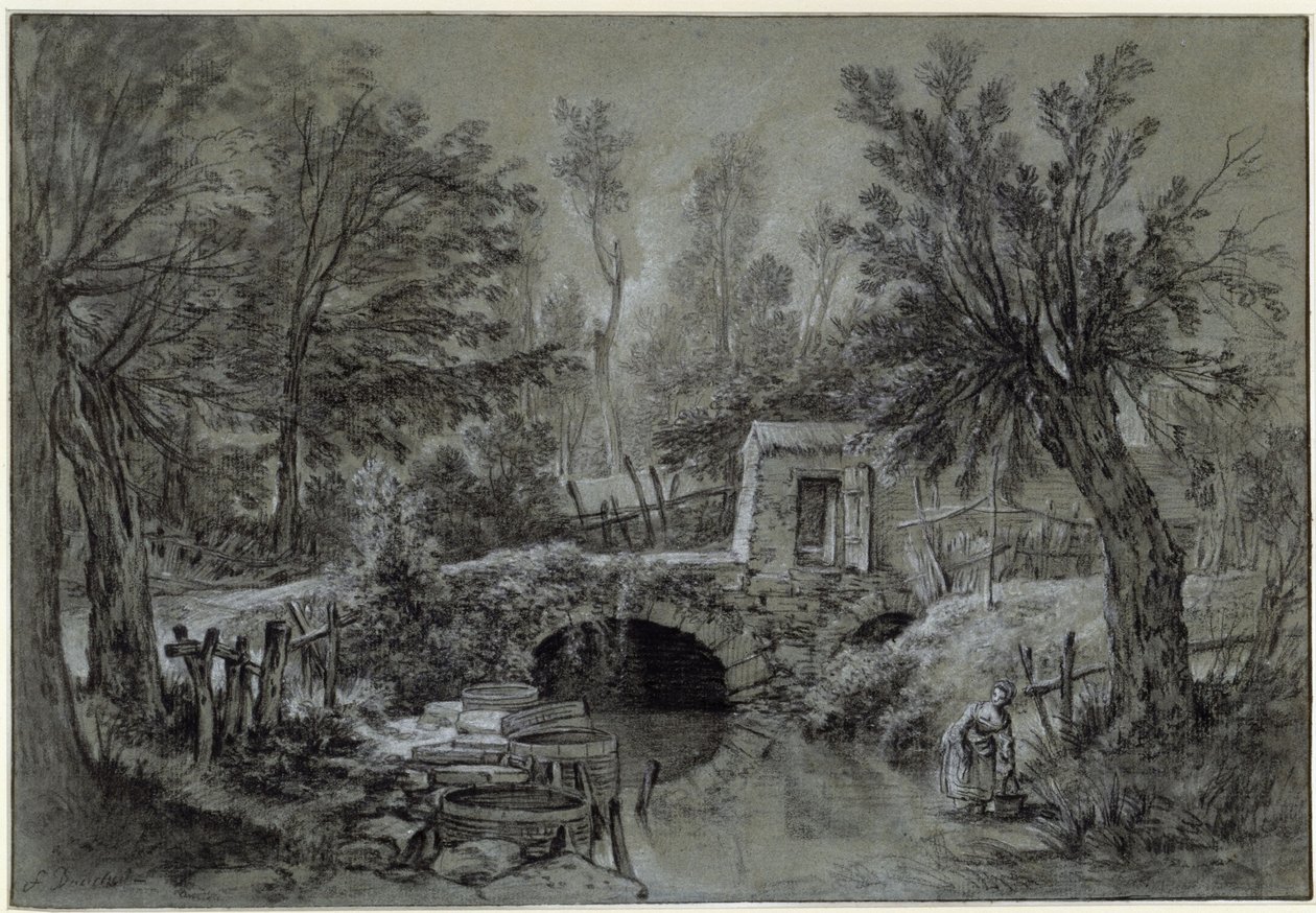 Paysage avec un ruisseau et un pont - François Boucher