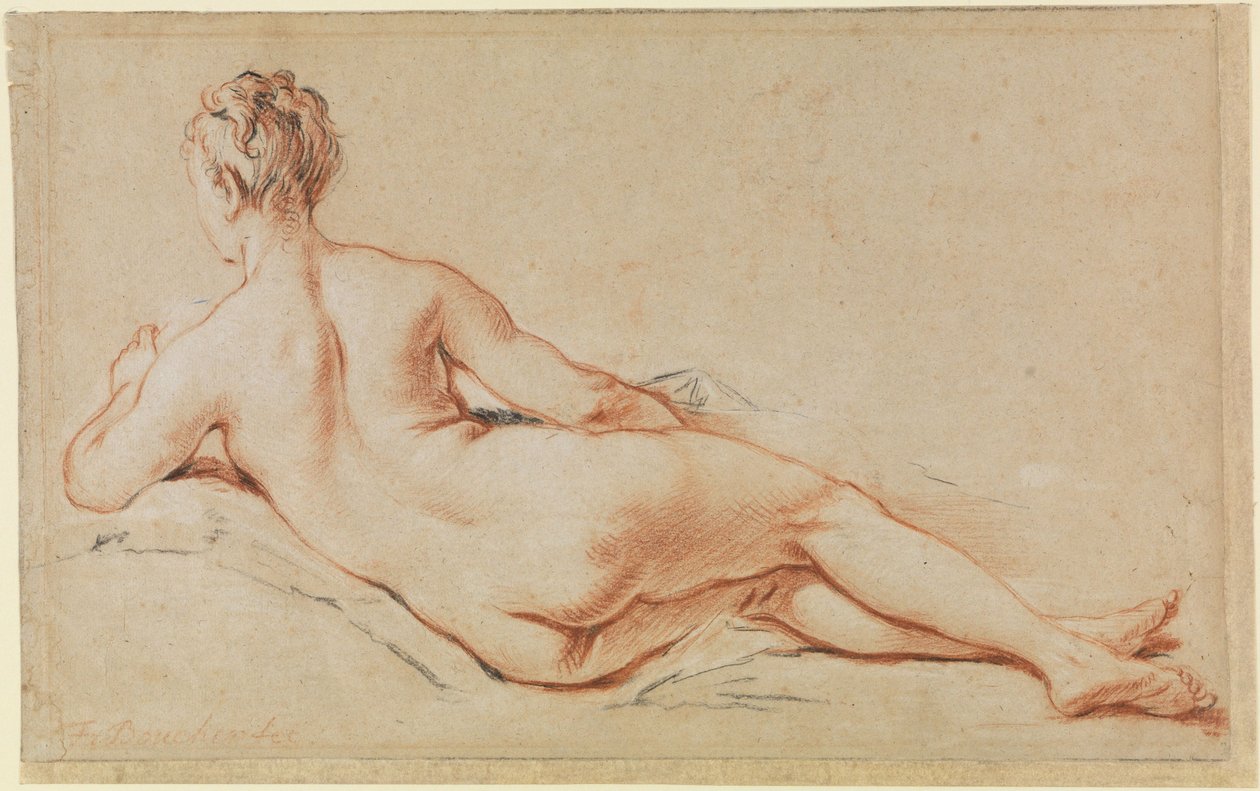 Nu féminin allongé, appuyé sur son bras gauche, vu de dos - François Boucher