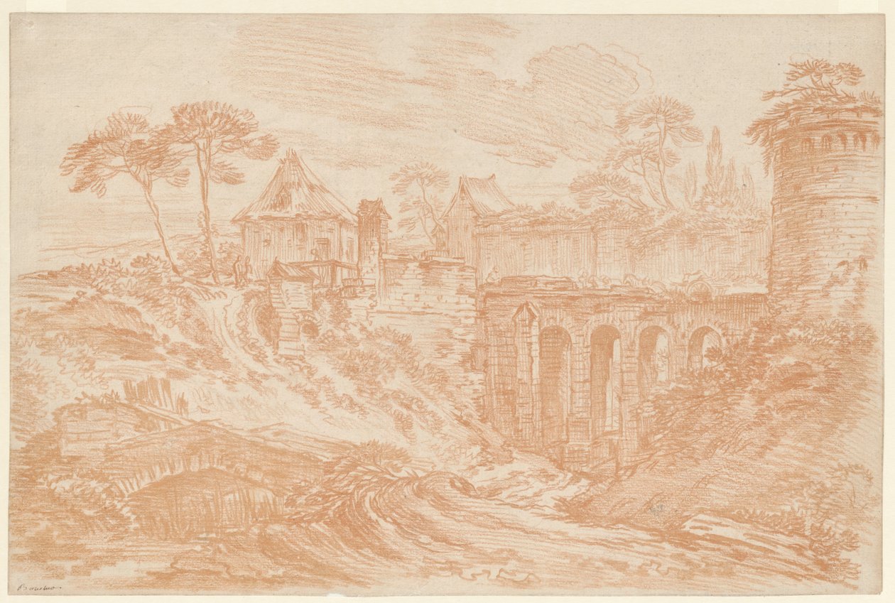 Paysage avec une tour et un pont - François Boucher