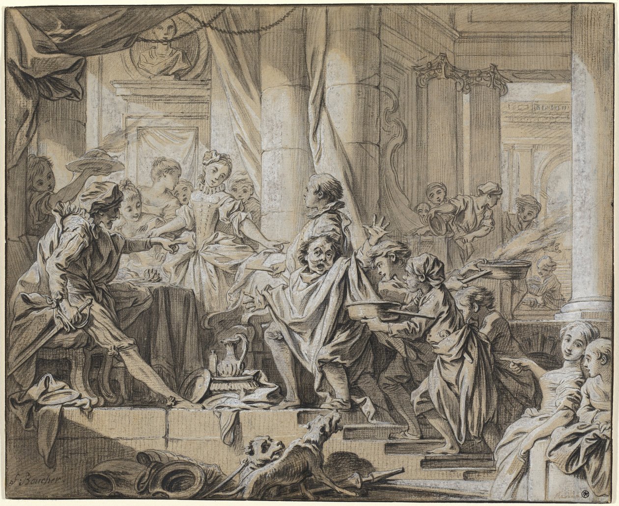Sancho fuyant les serviteurs du duc - François Boucher