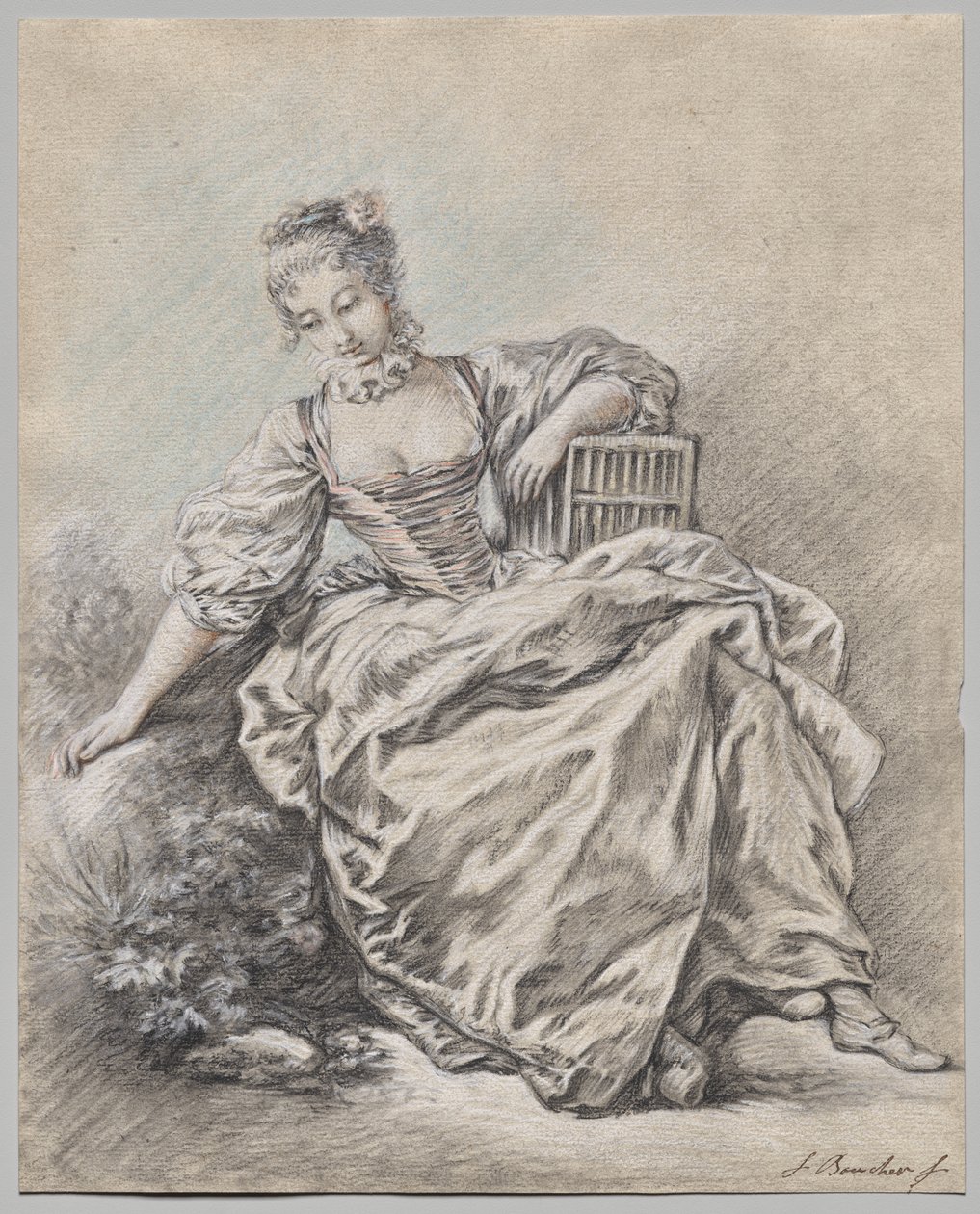 Femme assise tenant une cage à oiseaux - François Boucher