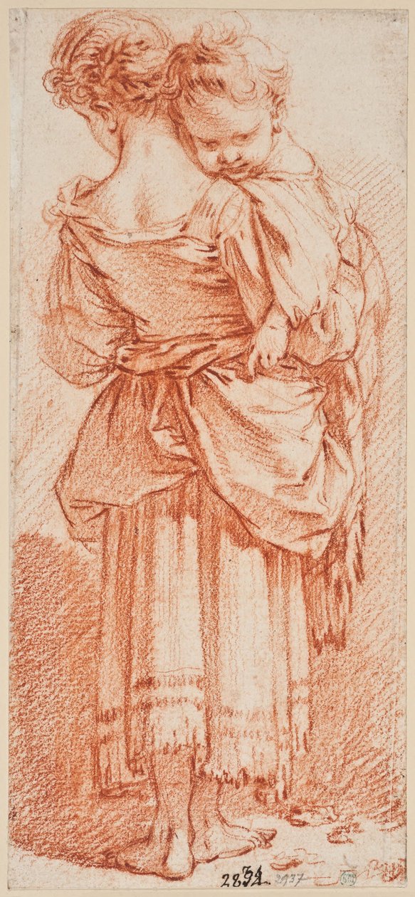 Jeune femme tenant un enfant dans ses bras, vue de dos - François Boucher