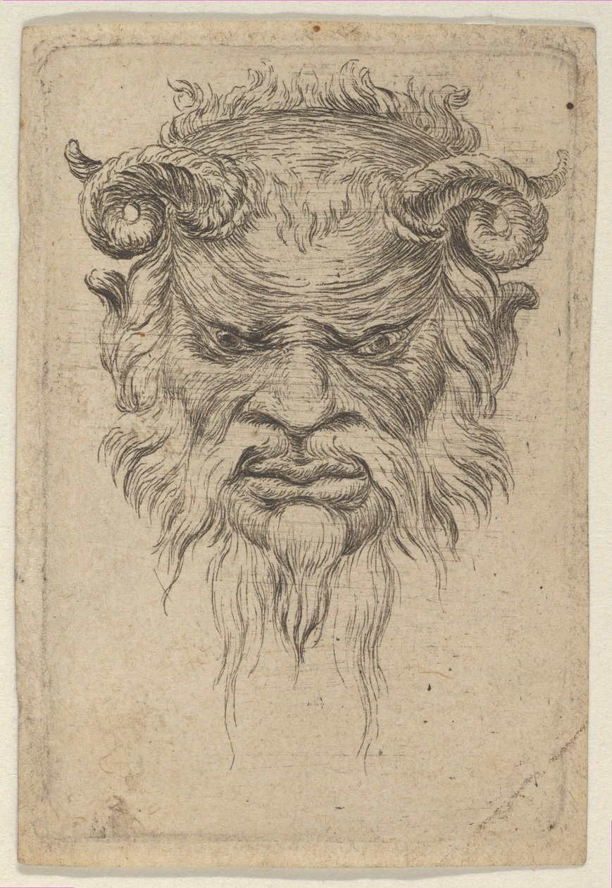 Masque de satyre avec cornes bouclées regardant vers le bas, de Divers Masques - Francois Chauveau