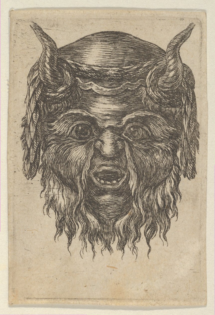 Masque de satyre avec une couronne de laurier drapée sur les cornes, de Divers Masques - Francois Chauveau
