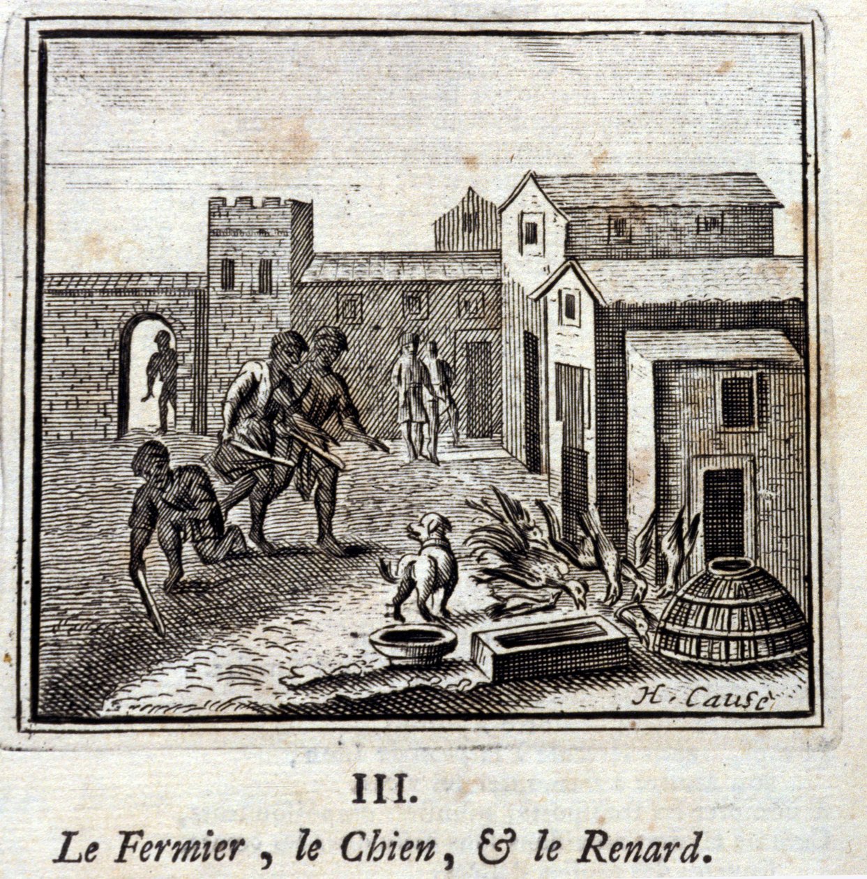 Le fermier, le chien et le renard. Fables de Jean de La Fontaine (1621-95). Illustration de François Chauveau (1613-1676). Édition de 1728. - Francois Chauveau
