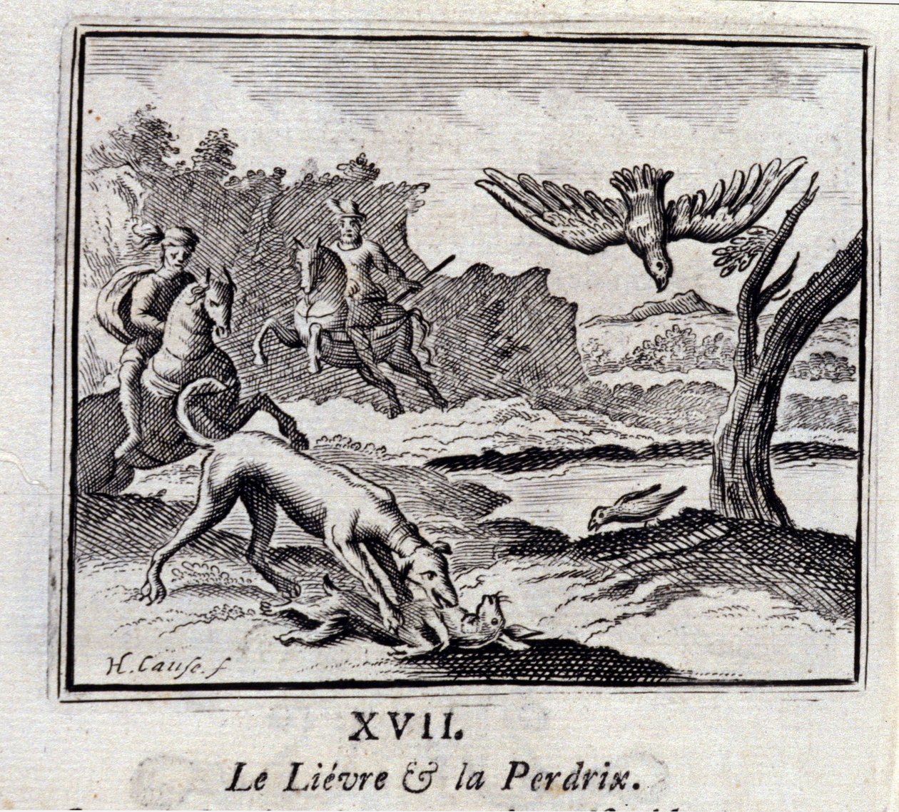 Le lièvre et la perdrix. Fables de Jean de La Fontaine (1621-95). Illustration par François Chauveau (1613-1676). Édition de 1728. - Francois Chauveau