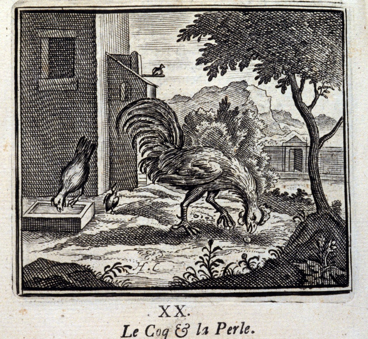 Le coq et la perle. Fables de Jean de La Fontaine (1621-95). Illustration par François Chauveau (1613-1676). Édition de 1728. - Francois Chauveau