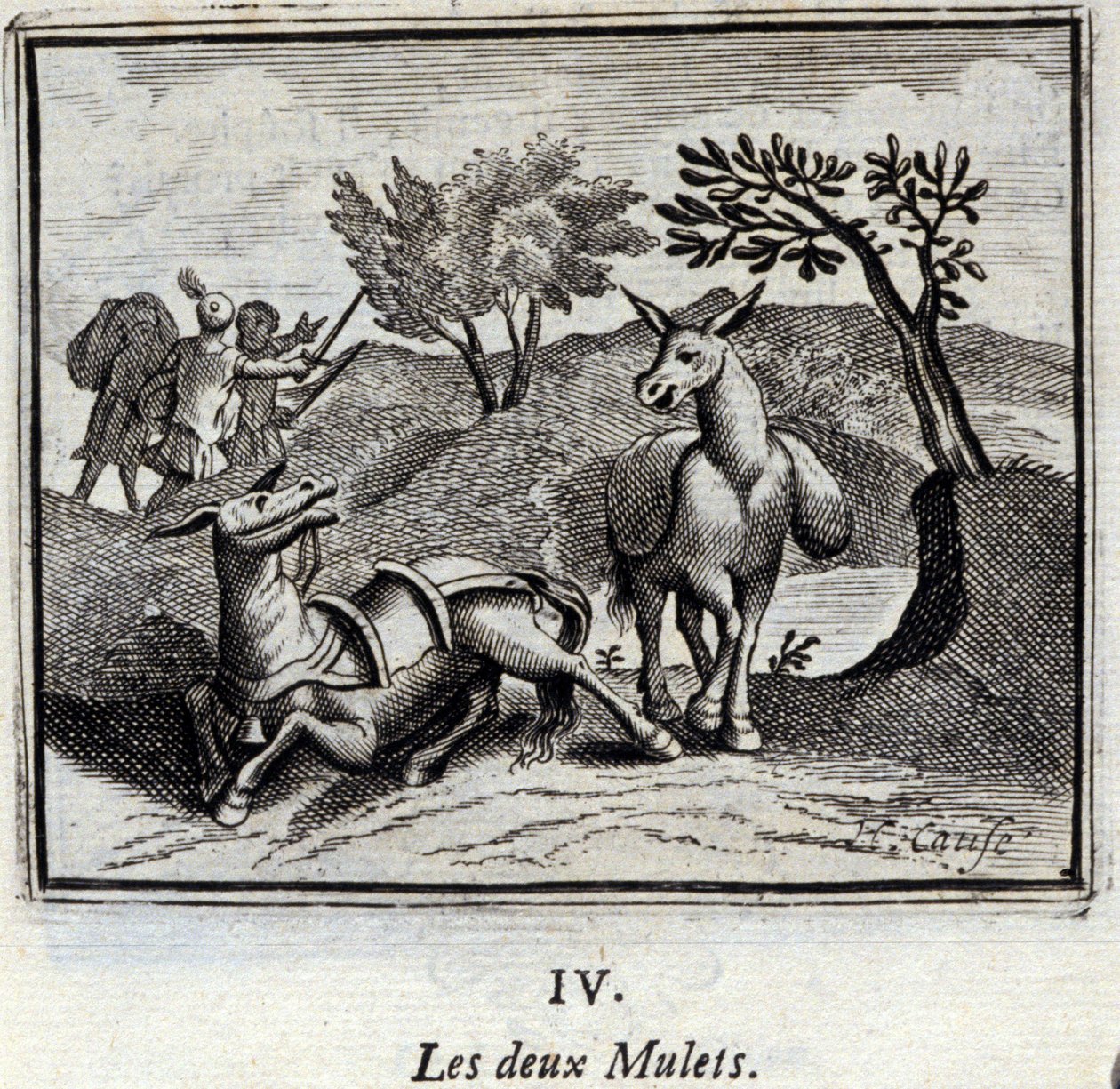 Les deux mulets. Fables de Jean de La Fontaine (1621-95). Illustration de François Chauveau (1613-1676). Édition de 1728. - Francois Chauveau