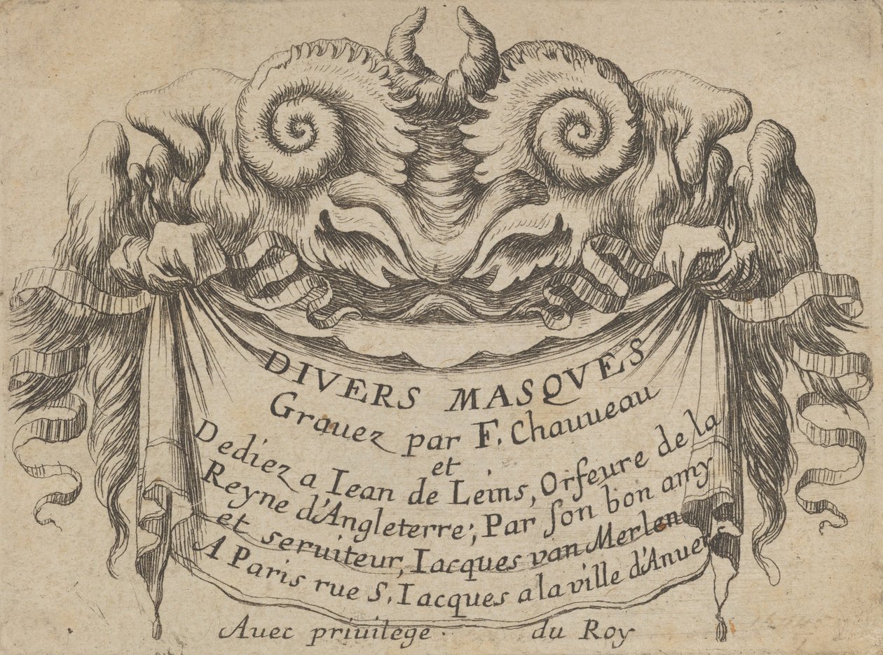 Planche de titre avec deux têtes de satyre, de Divers Masques - Francois Chauveau