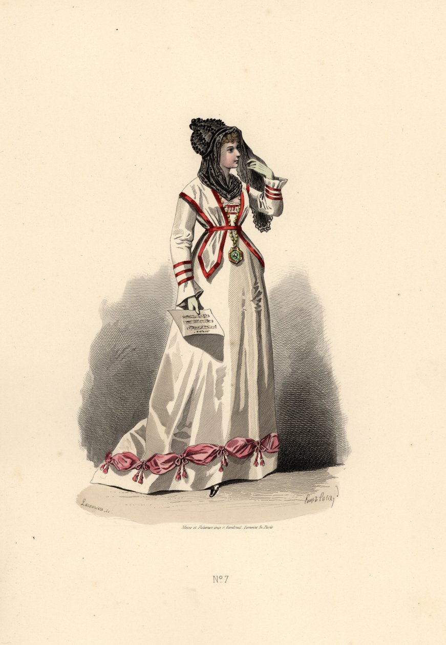 Femme en robe blanche ornée de bouffants roses - Francois Claudius (after) Compte Calix
