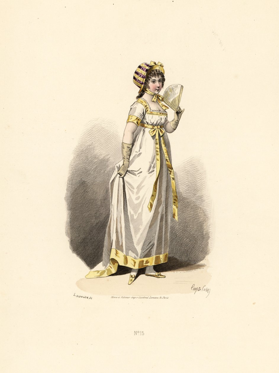 Femme en robe blanche avec garniture jaune avec éventail - Francois Claudius (after) Compte-Calix