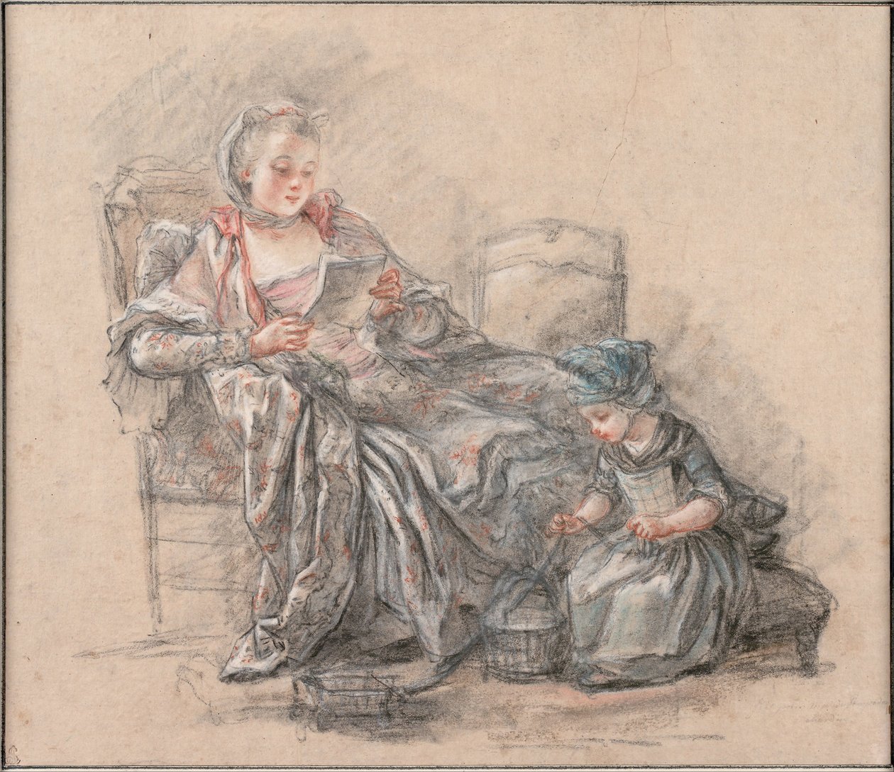 Femme lisant et une fille jouant Marquise de Pompadour avec sa fille Alexandrine, vers 1748 - Francois Guérin