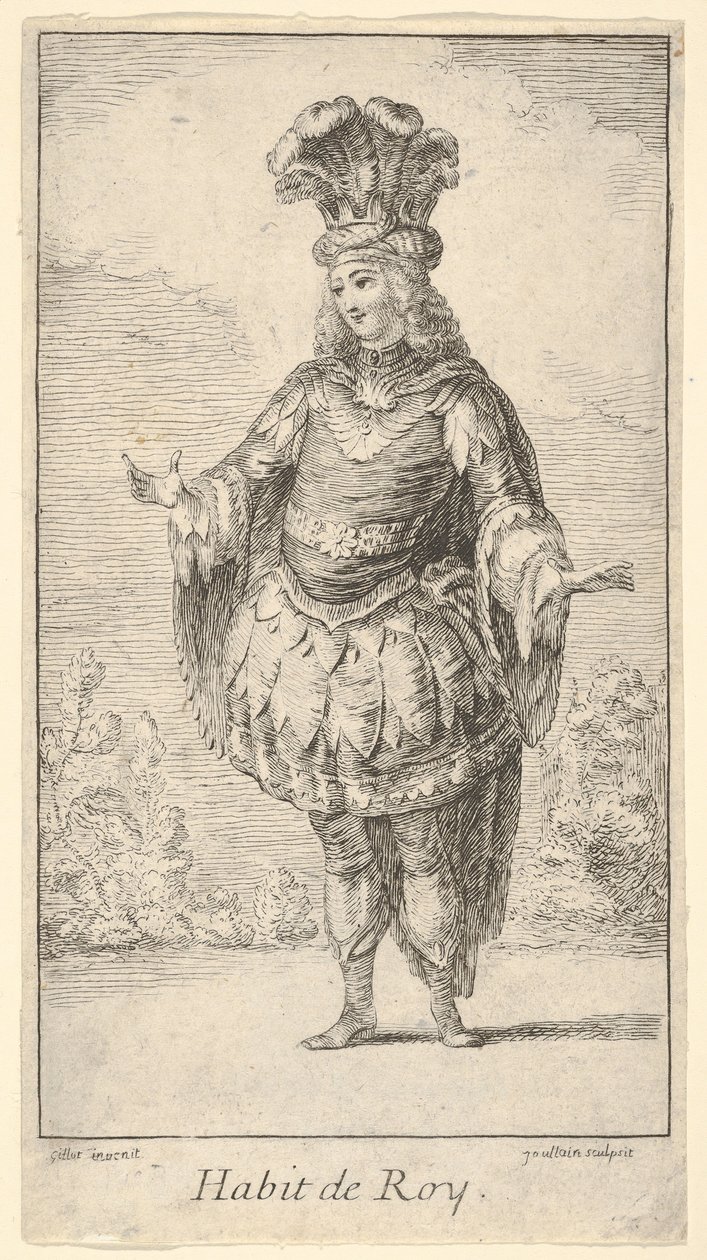 Habit de Roy : un homme portant un tonnelet décoré de rosettes, une couronne et un turban, vers 1721 - Francois Joullain