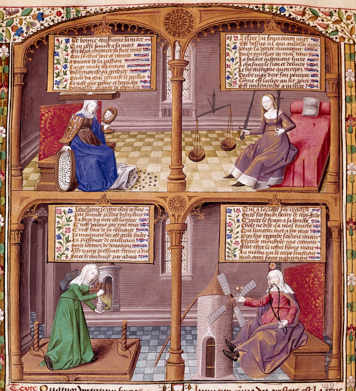Les Quatre Vertus Cardinales : Prudence, Force, Continence et Justice. Page tirée d