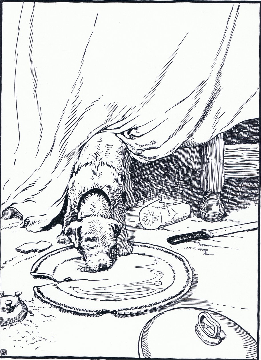 Elle est allée chez le poissonnier pour lui acheter du poisson, mais quand elle est revenue, il léchait le plat, années 1930 - Frank Adams