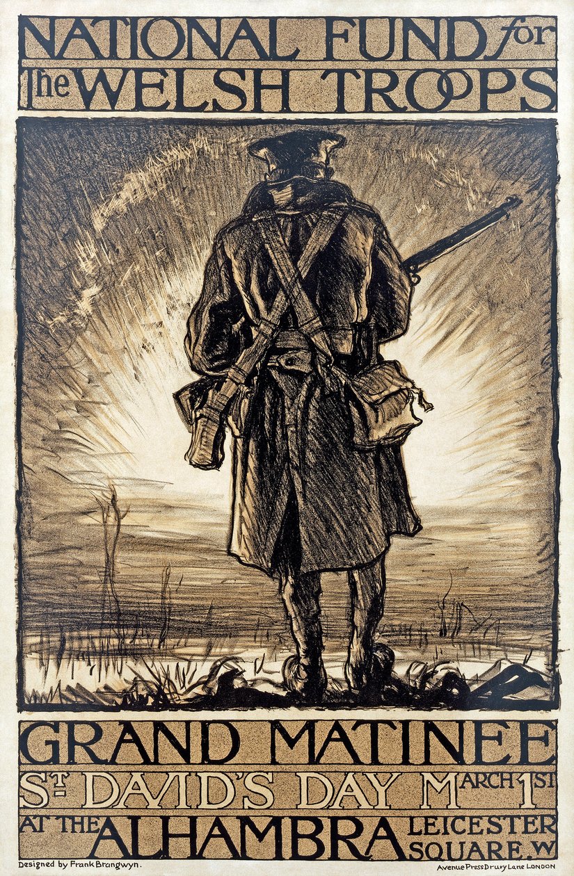 Affiche publicitaire pour un événement de collecte de fonds pour le Fonds national pour les troupes galloises, 1er mars 1915 - Frank Brangwyn