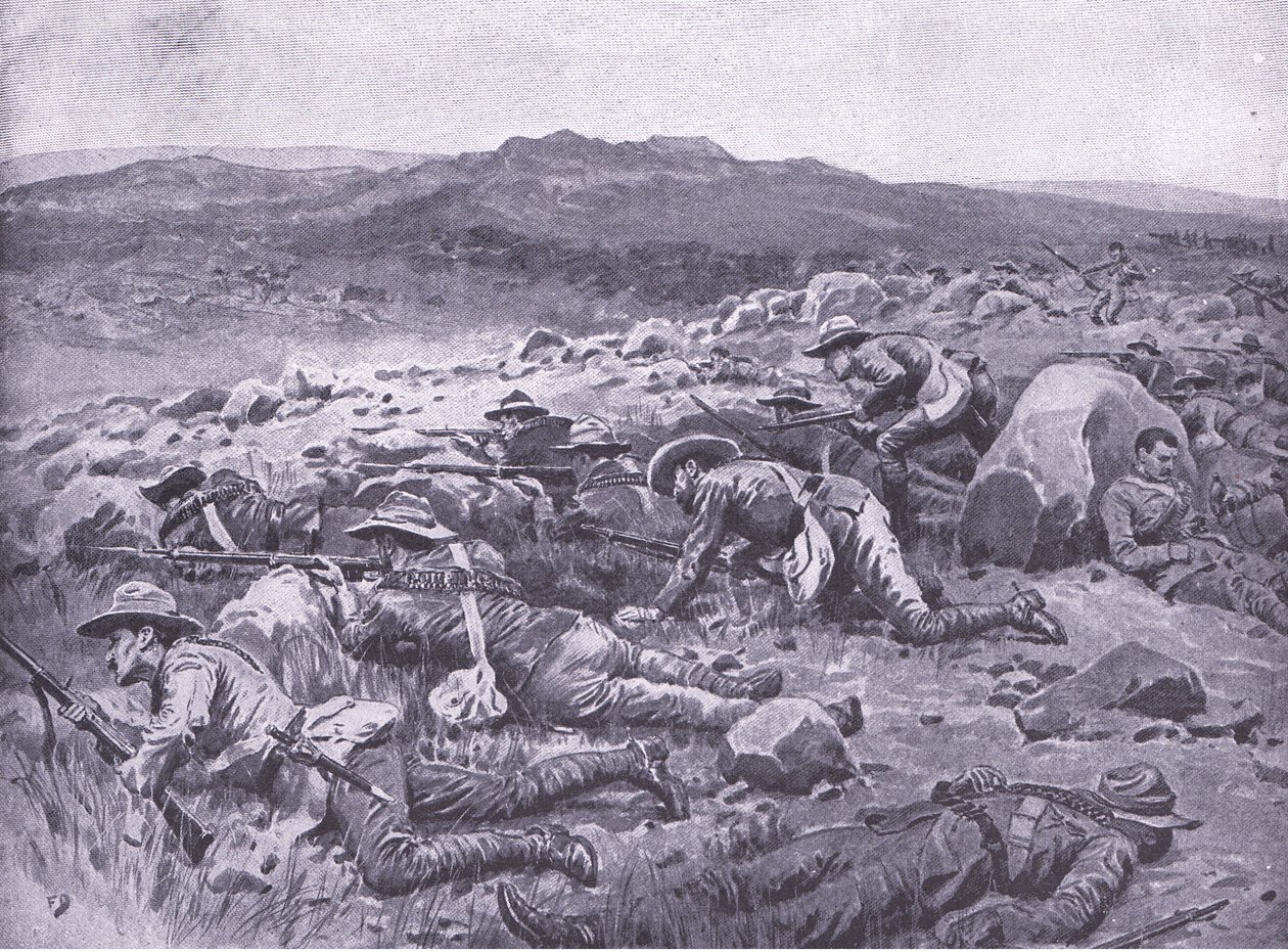 Avec les Bushmen impériaux du Queensland à Rhenoster Kop le 29 novembre 1900, illustration de Après Pretoria : La Guerre de guérilla - Frank Dadd