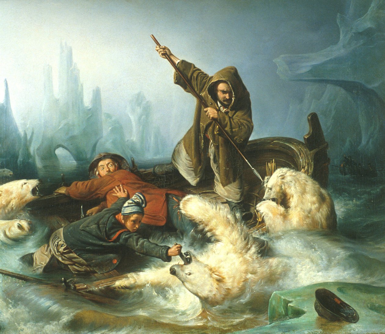 French: Battez les ours polaires / La chasse aux ours polair Fight with Polar Bears - François Auguste Biard