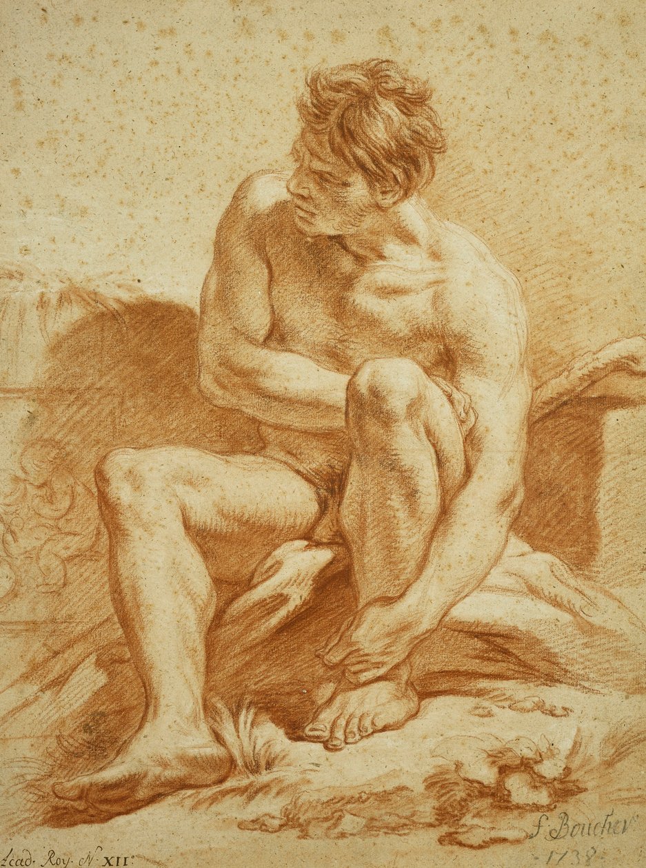 Un nu assis avec un bâton, un relief avec des putti à gauche, 1738 - François Boucher
