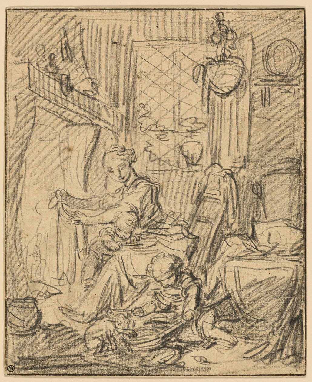 Scène domestique : Mère avec deux petits enfants devant une cheminée - François Boucher