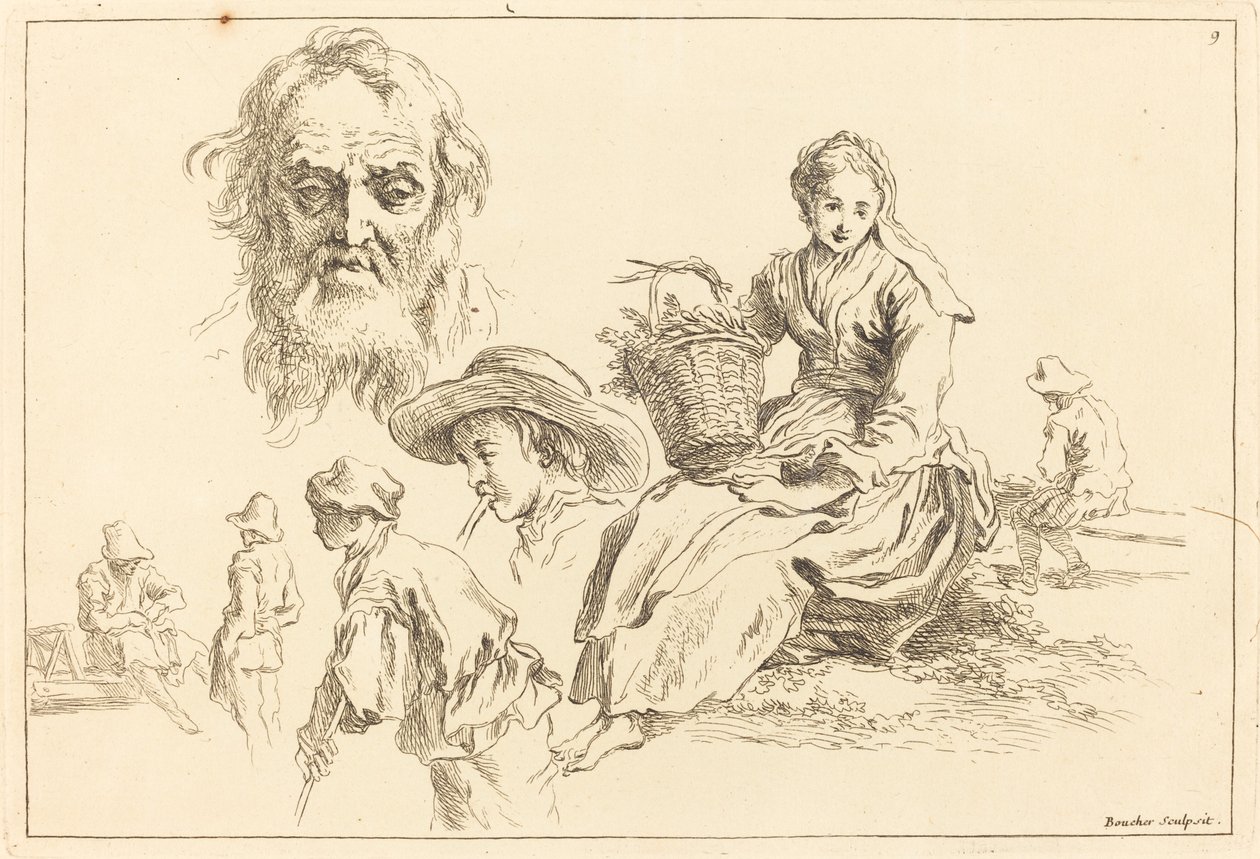 Études de figures incluant le visage barbu d