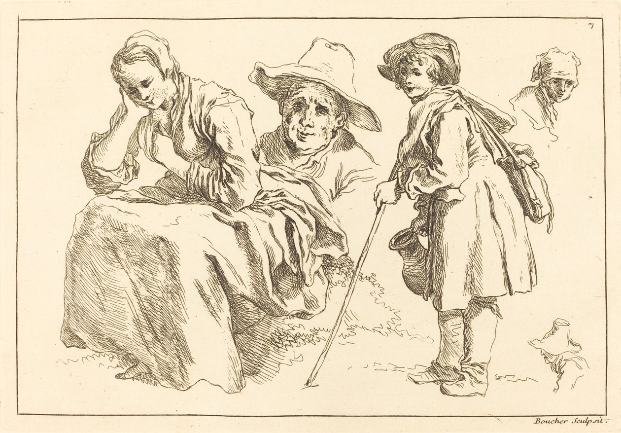 Études de figures, y compris un garçon debout tenant une cruche - François Boucher after Abraham Bloemaert