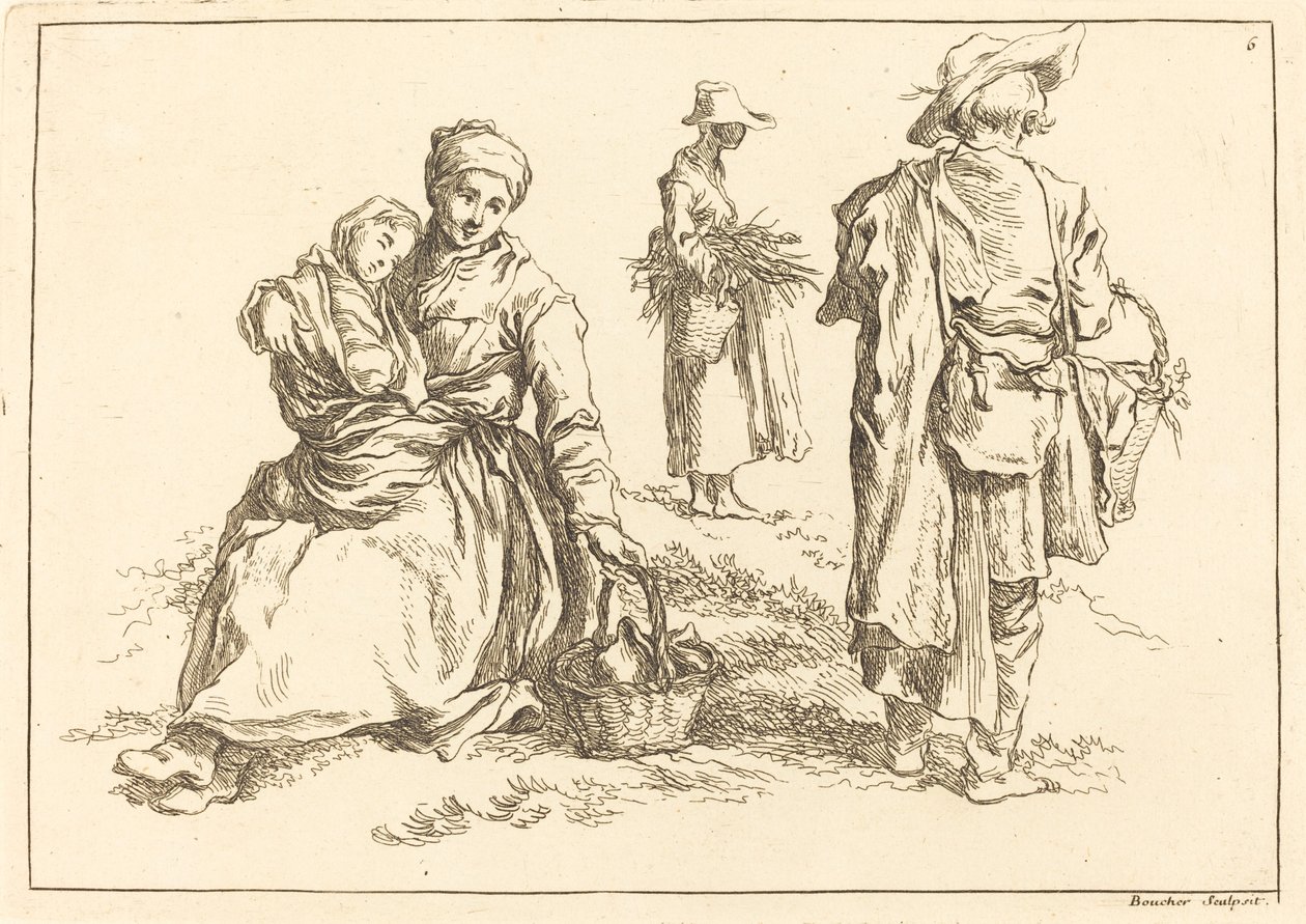 Mère assise et enfant, deux paysans debout - François Boucher after Abraham Bloemaert