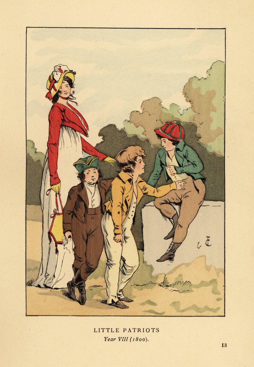 Garçons en vestes et culottes avec Merveilleuse en robe romaine avec bonnet et veste spencer. Petits Patriotes, An VIII - François Courboin