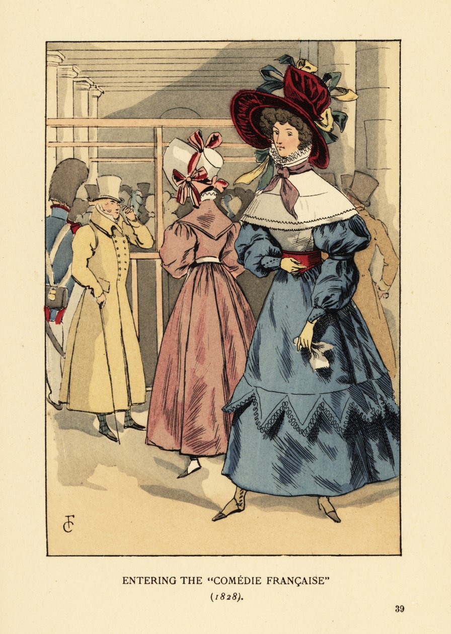 Femmes à la mode au théâtre, Paris. Femme en grand bonnet avec rubans, robe à col haut, cape en dentelle ou pèlerine et manches bouffantes. Entrée à la Comédie-Française - François Courboin